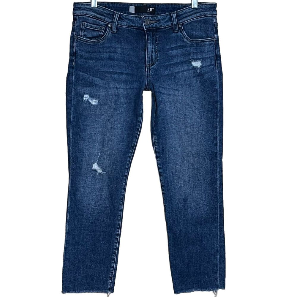 KUT From The Kloth Reese Ankle Straight Leg Jeans Denim Distressed Frayed Hem 6